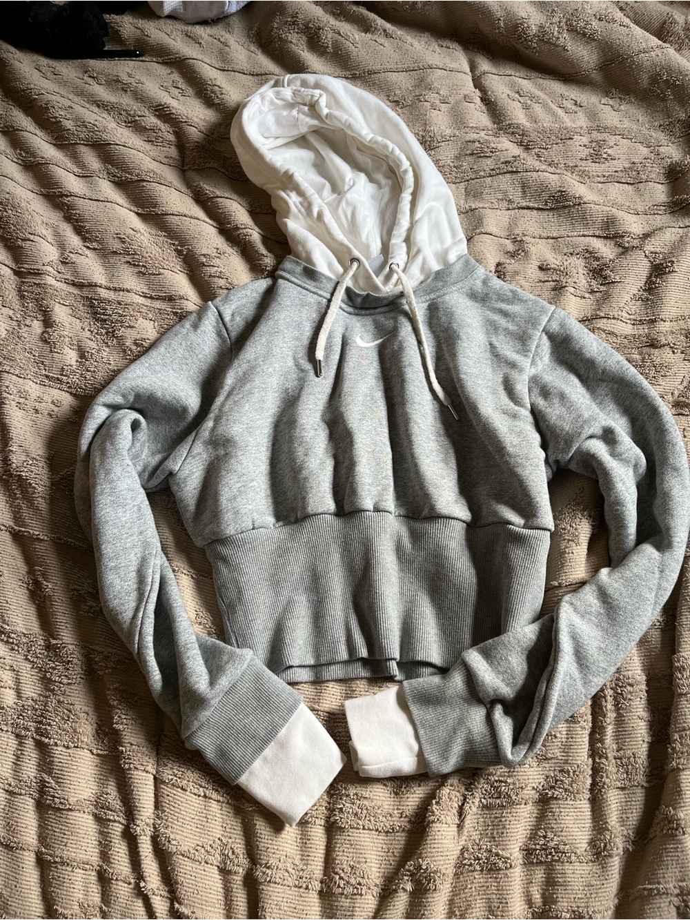 Nike Grey and White Cropped Hoodie